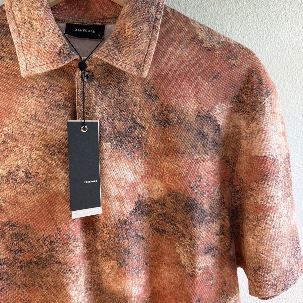Zanerobe Pique Polo Shirt Men's Size S Rust Camo Organic Cotton Abstract NWT